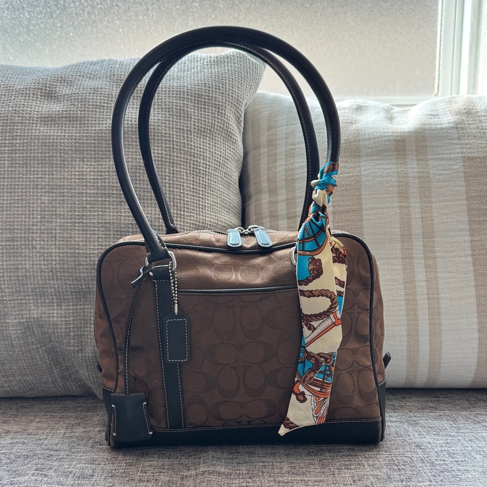 Coach Brown Satchel with Black Trim and Scarf Accent